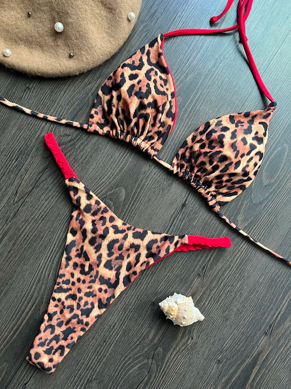 Brazilian Tiger Print Triangle Bra & Braided Micro Bikini 2 Piece