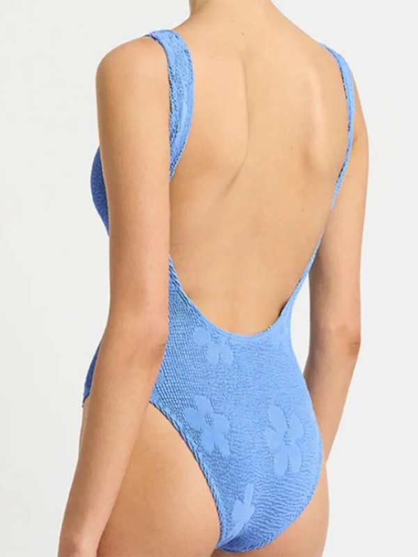 Blue Floral Textured Swimsuit - One-Piece Swimwear Swimwear