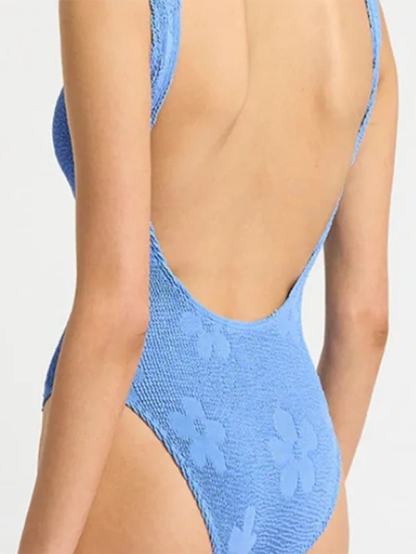 Blue Floral Textured Swimsuit - One-Piece Swimwear Swimwear