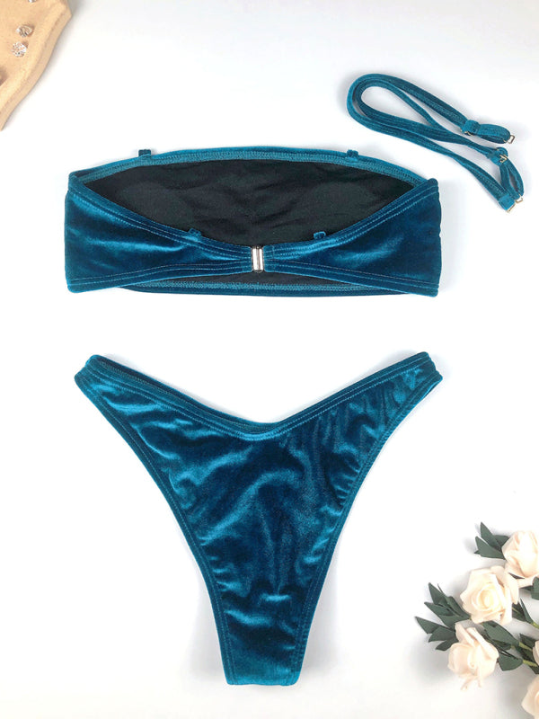 Elegant Velvet Bandeau Bikini 2-Piece with Thong Swim Bottoms