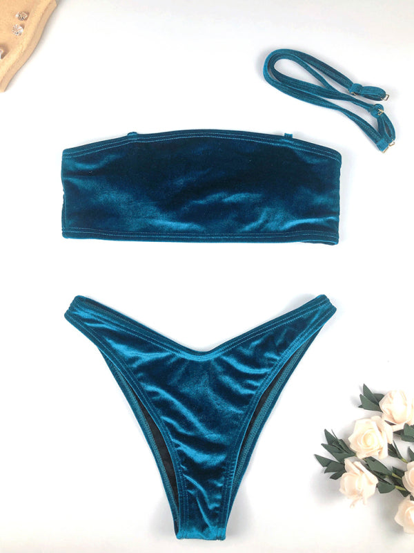 Elegant Velvet Bandeau Bikini 2-Piece with Thong Swim Bottoms