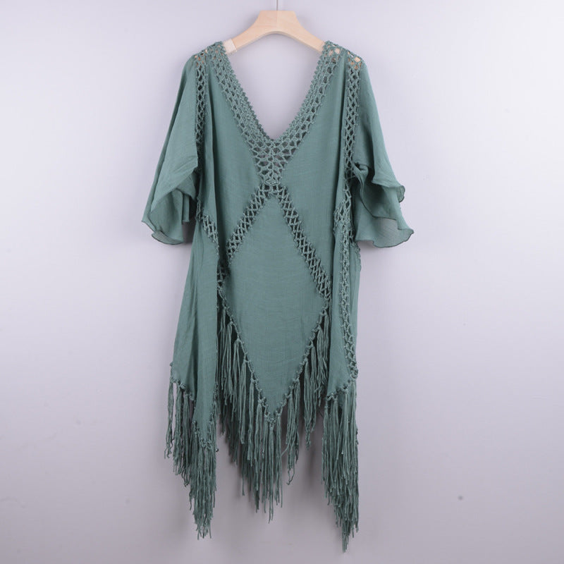 Crochet Poncho Bikini Cover-Up - Embroidered Cotton Fringe Slit Blouse	