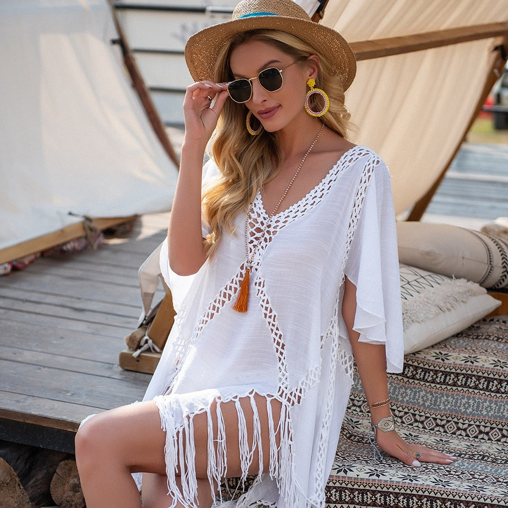 Crochet Poncho Bikini Cover-Up - Embroidered Cotton Fringe Slit