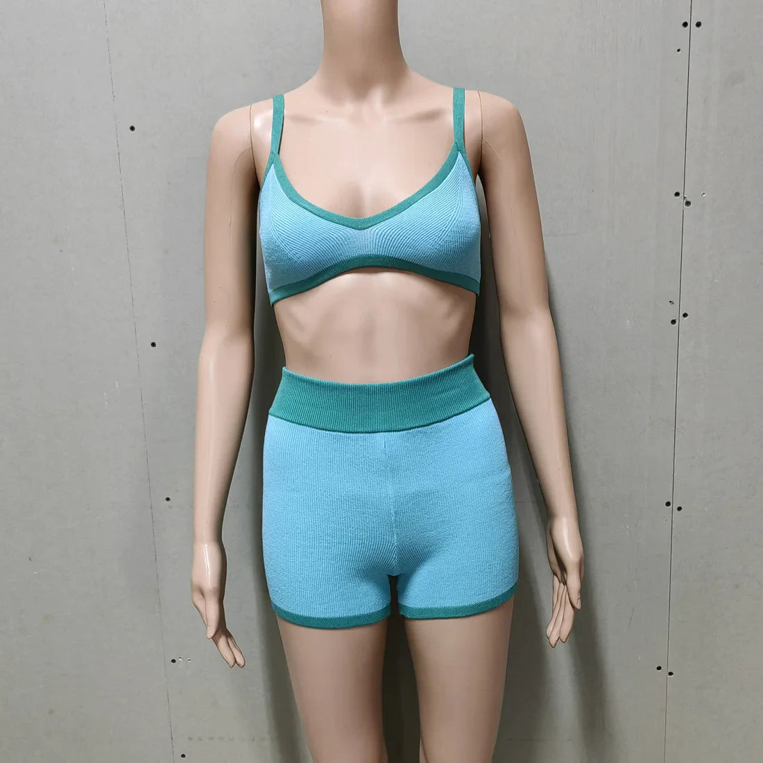 Contrast Knitting 2 Piece Beachwear - Triangle Bra & Boyshorts