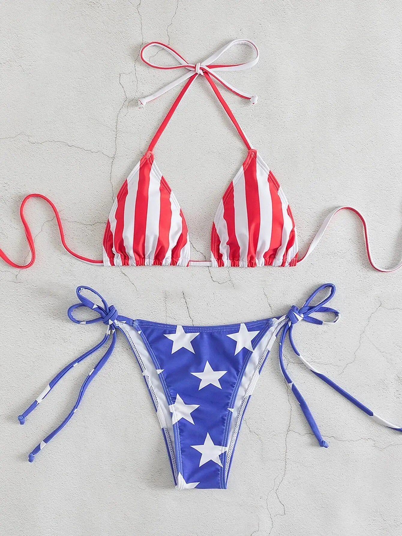 Flag Print Triangle Bra & Tie-Sides Bikini Swimwear