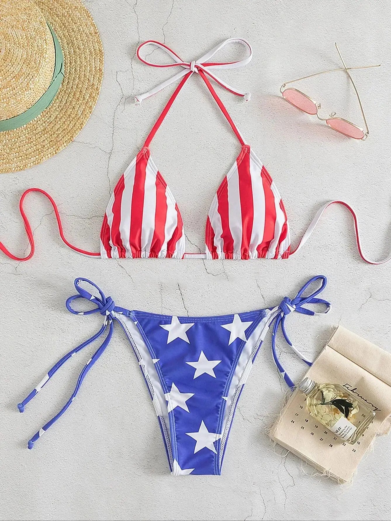 Flag Print Triangle Bra & Tie-Sides Bikini Swimwear