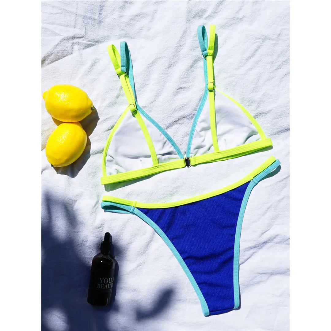 Colorful Lemon Contrast Bikini 2-Piece Set Swimwear for Beach