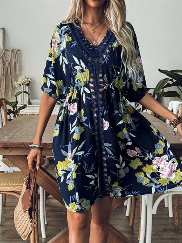 Kimono Sleeve Beach Cover-Up Dress with Floral Print Cover-Up