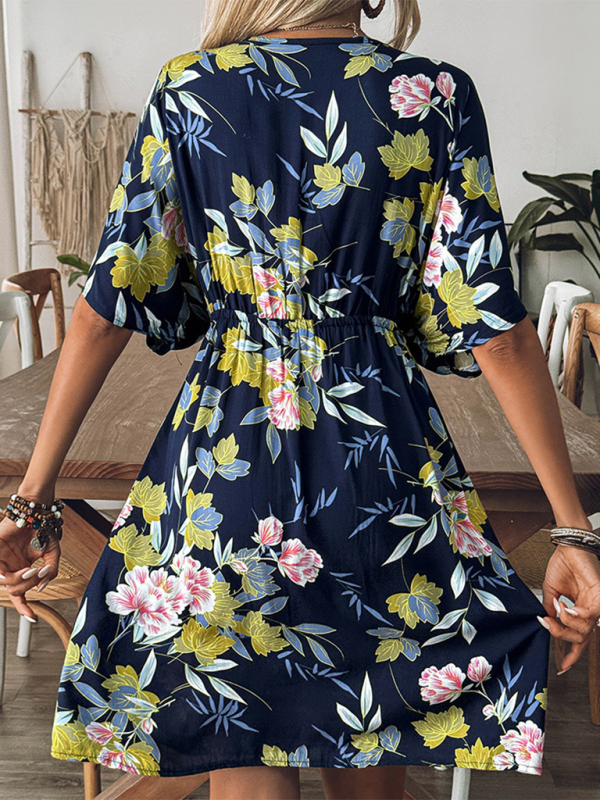 Kimono Sleeve Beach Cover-Up Dress with Floral Print Cover-Up