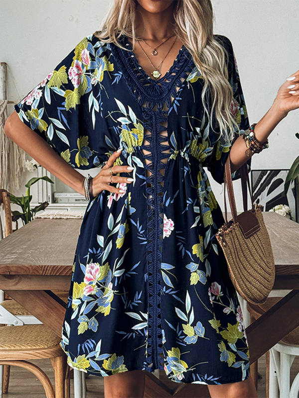 Kimono Sleeve Beach Cover-Up Dress with Floral Print Cover-Up