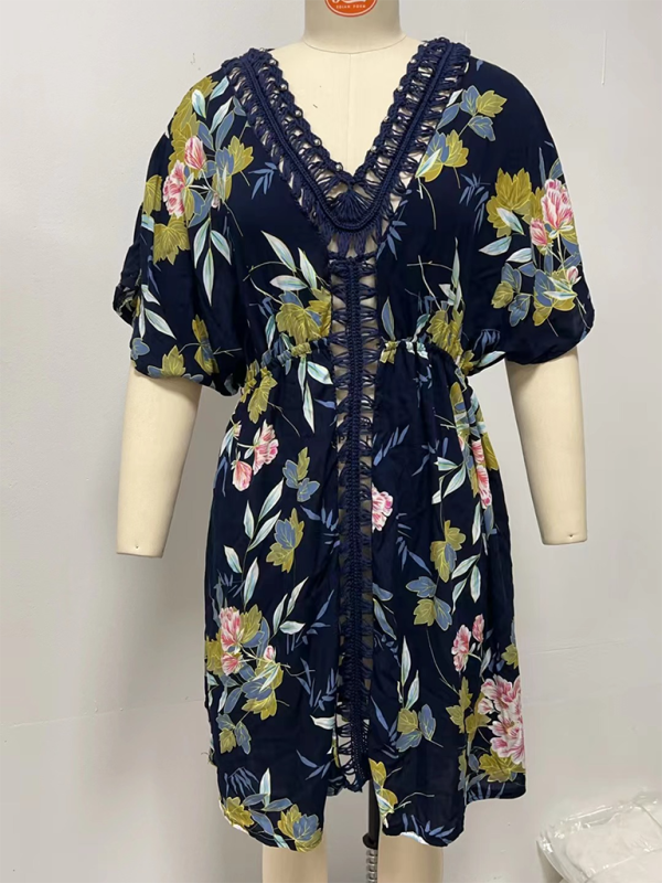 Kimono Sleeve Beach Cover-Up Dress with Floral Print Cover-Up