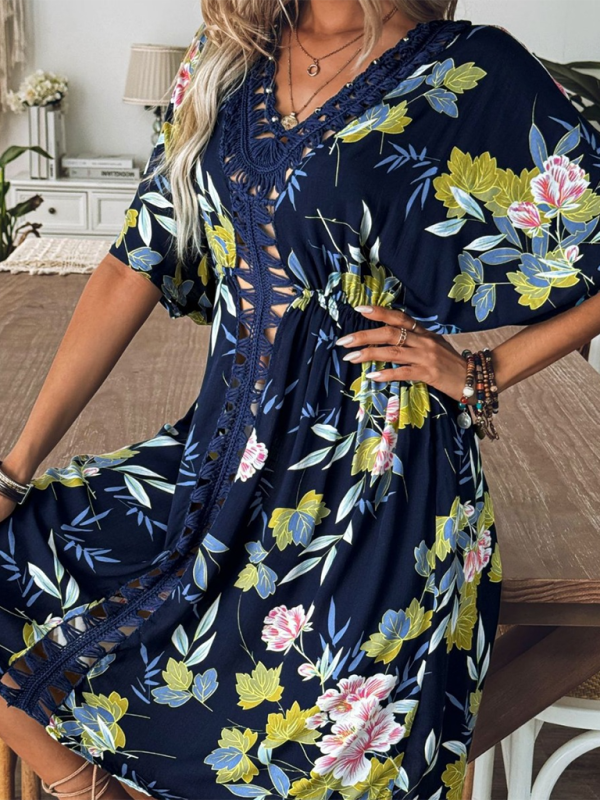 Kimono Sleeve Beach Cover-Up Dress with Floral Print Cover-Up