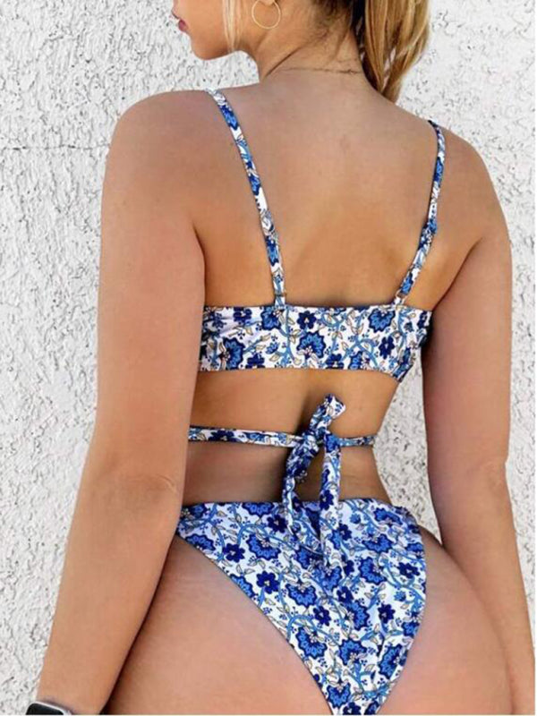 Ocean Blue Print 2 Piece Swimwear with Wireless Criss Cross