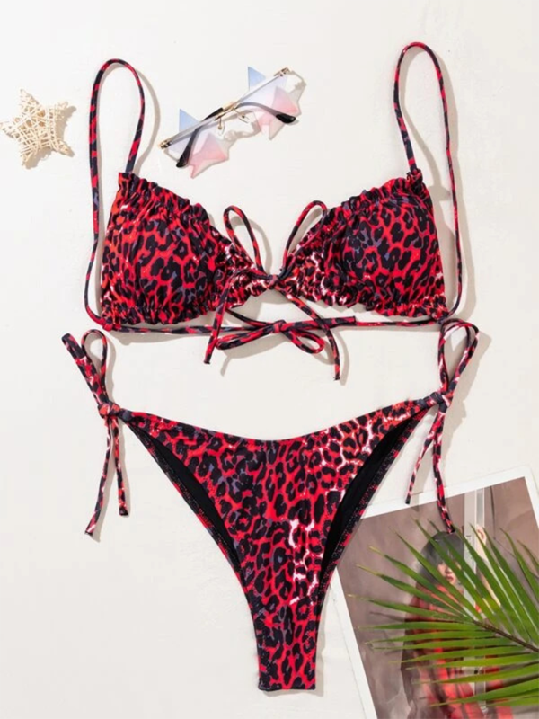 Leopard Print Tie-Sides Bikini & Frill Triangle Bra for Women