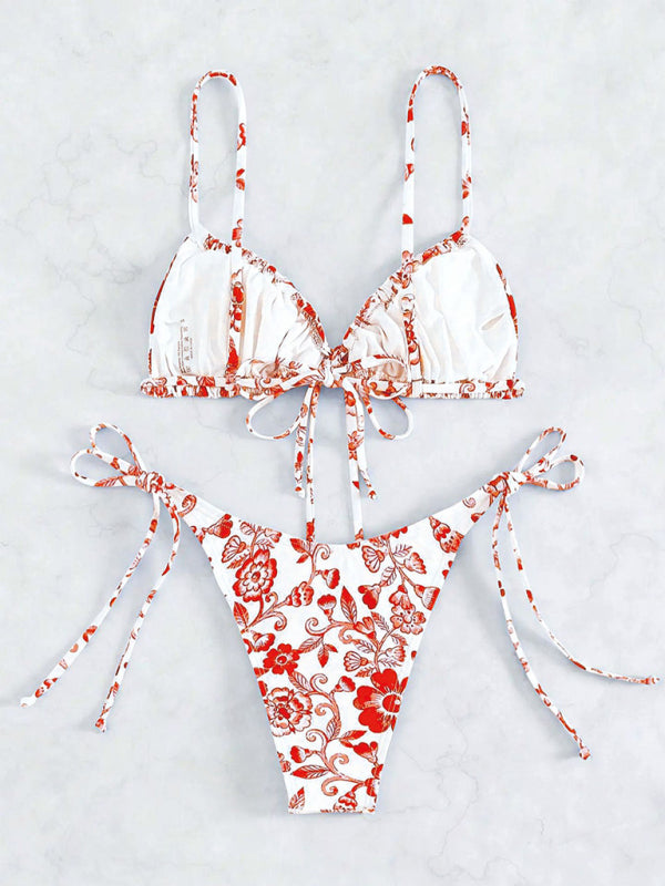 Petals and Ruches Floral Print Tie-Sides Bikini & Triangle Bra