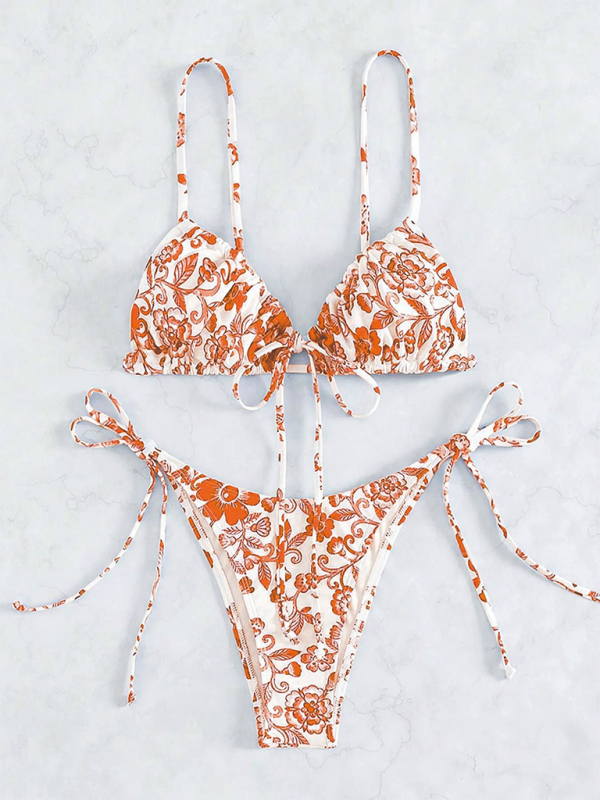 Petals and Ruches Floral Print Tie-Sides Bikini & Triangle Bra