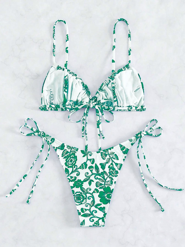 Petals and Ruches Floral Print Tie-Sides Bikini & Triangle Bra