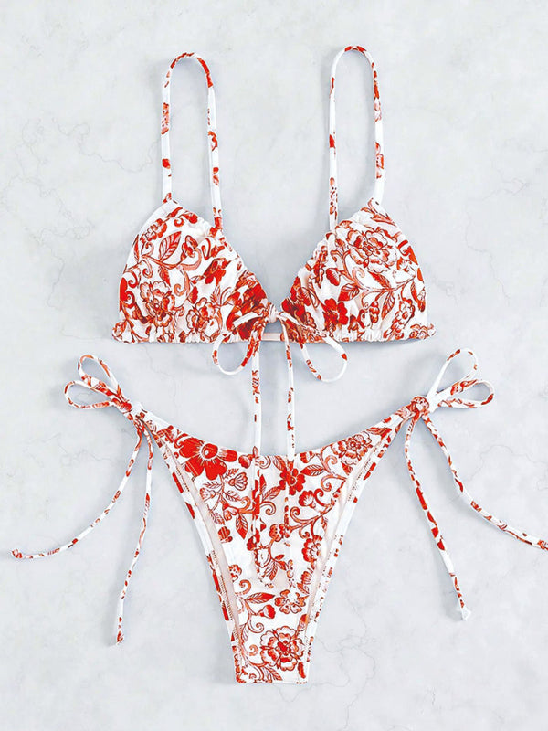 Petals and Ruches Floral Print Tie-Sides Bikini & Triangle Bra