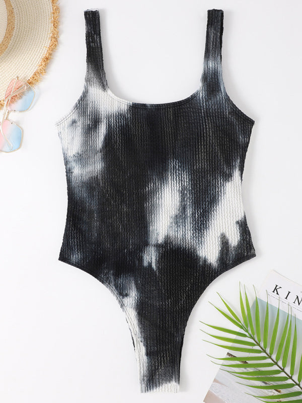 Sporty One-Piece Swimsuit - Tie-Dye Textured Swimwear Swimwear