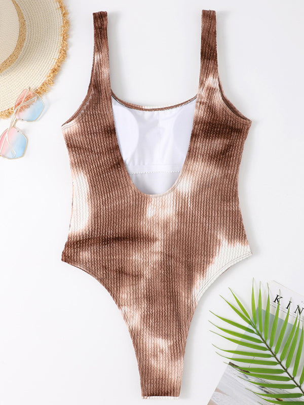 Sporty One-Piece Swimsuit - Tie-Dye Textured Swimwear Swimwear