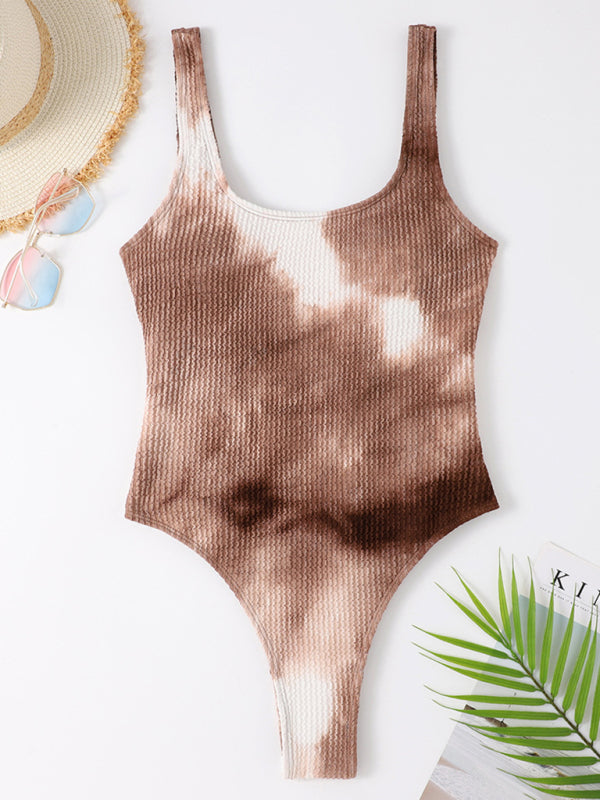 Sporty One-Piece Swimsuit - Tie-Dye Textured Swimwear Swimwear