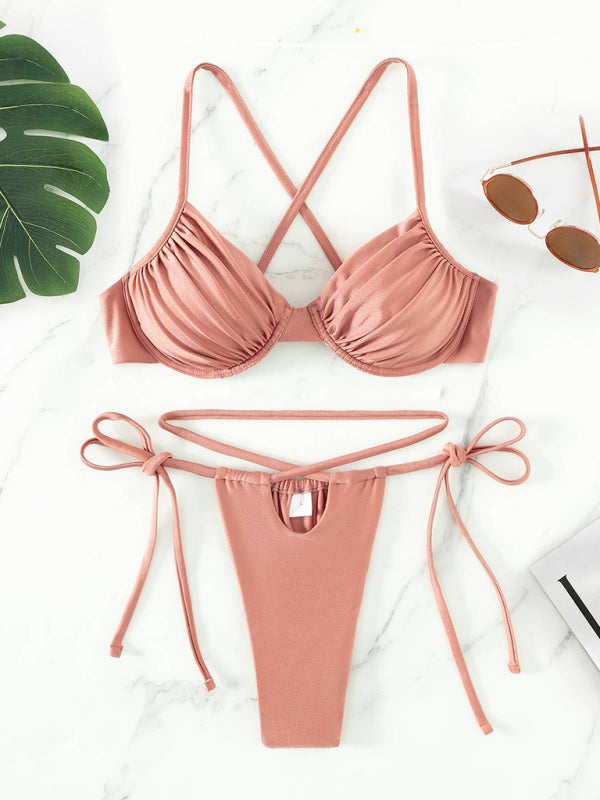 Solid Underwire Bra and Micro Bikini Bottoms - 2 Piece Swimwear	