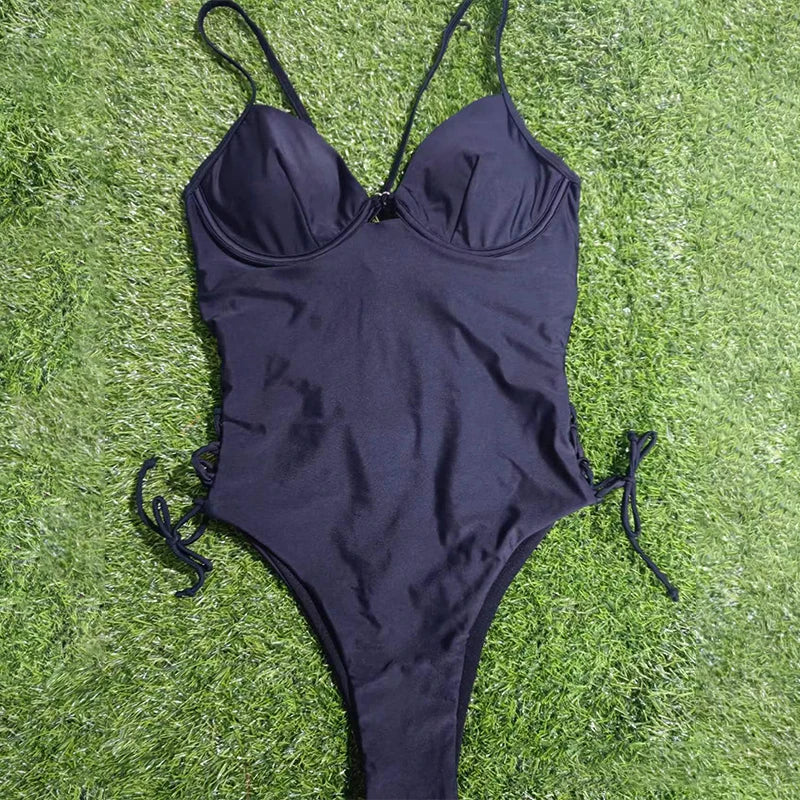 Side Lace-Up Underwire One-Piece Swimsuit Swimwear