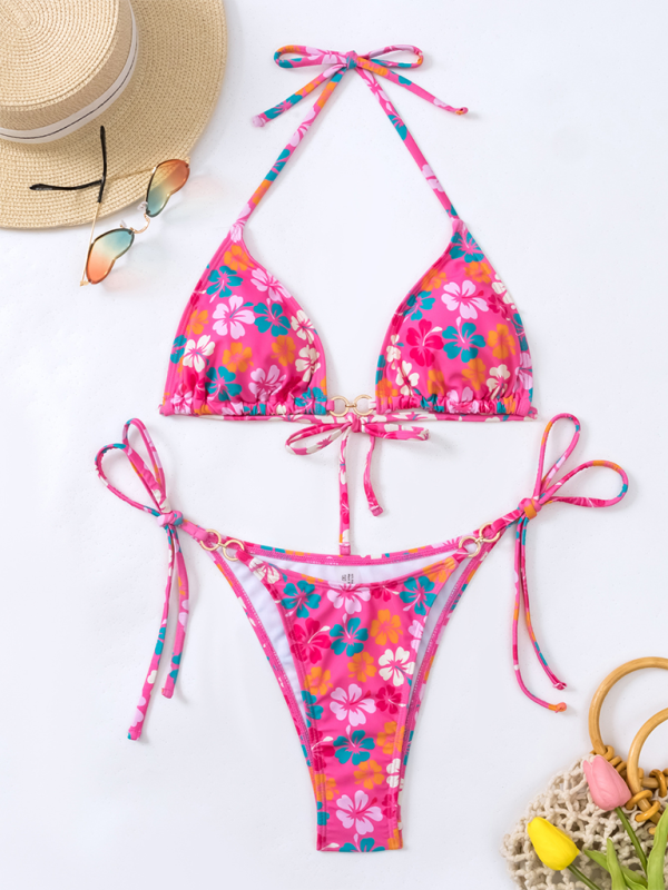 Floral 2-Piece String Tie-Side Bikini Set with Triangle Bra	