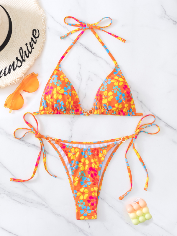 String Tie-Side Bikini Set with Floral Triangle Bra Swimwear