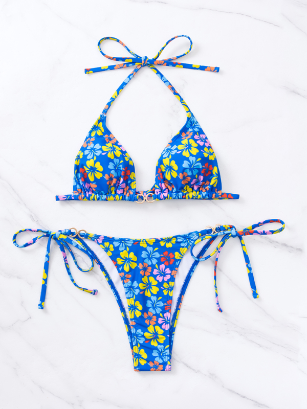 String Tie-Side Bikini Set with Floral Triangle Bra Swimwear