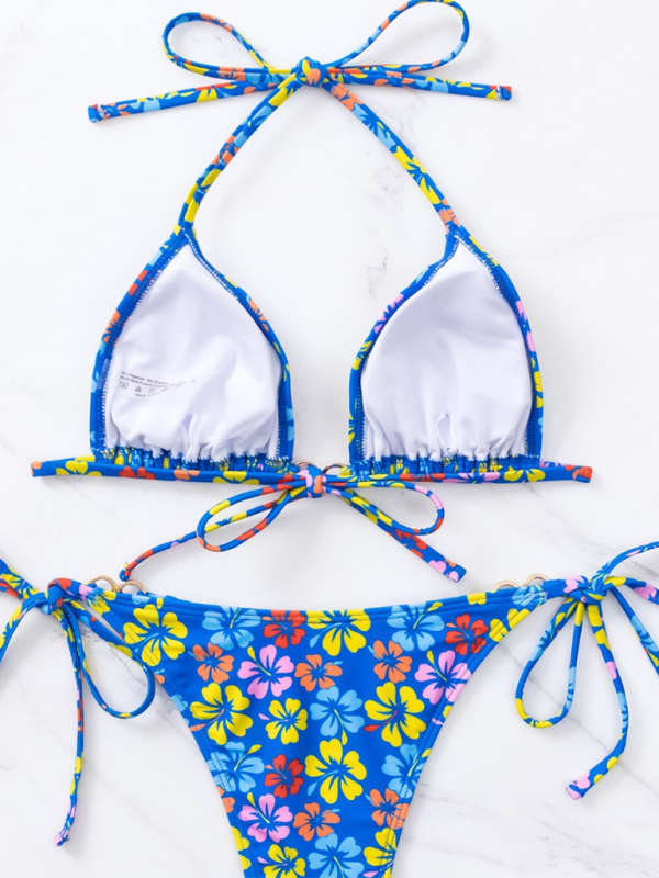 String Tie-Side Bikini Set with Floral Triangle Bra Swimwear