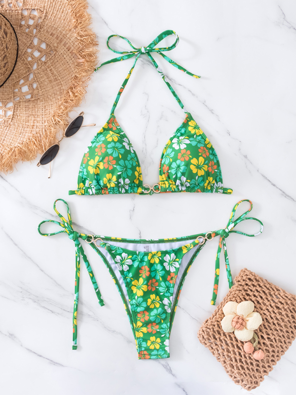 String Tie-Side Bikini Set with Floral Triangle Bra Swimwear