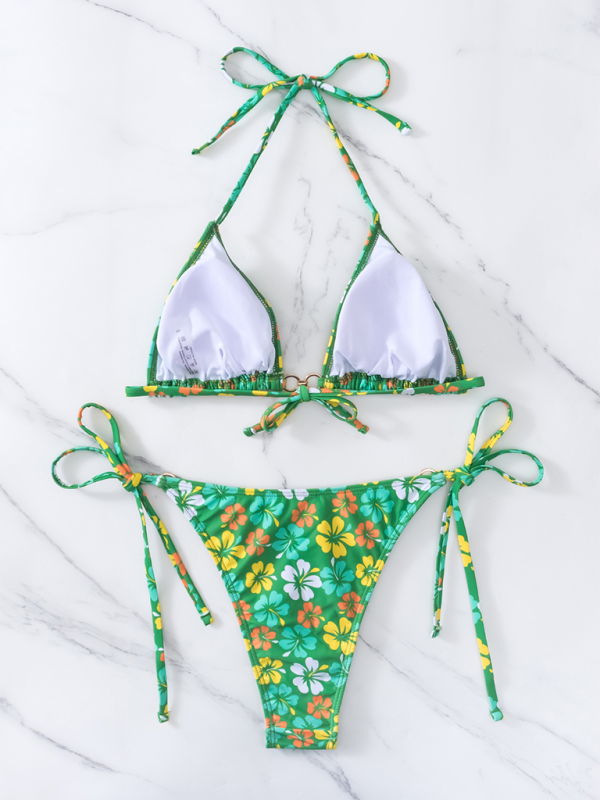 String Tie-Side Bikini Set with Floral Triangle Bra Swimwear