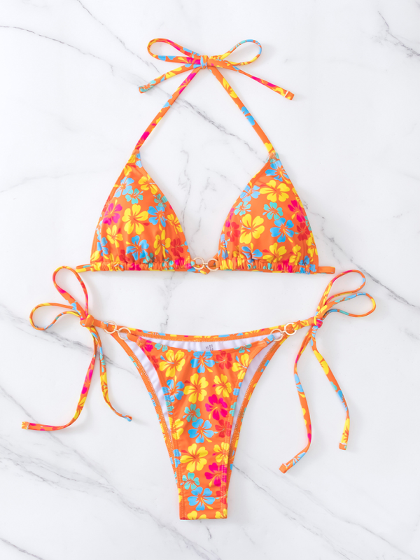 String Tie-Side Bikini Set with Floral Triangle Bra Swimwear