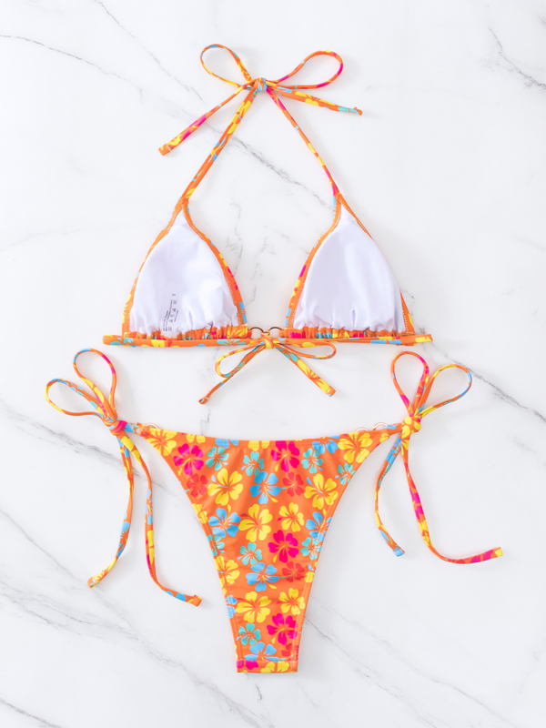 String Tie-Side Bikini Set with Floral Triangle Bra Swimwear