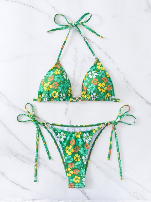 String Tie-Side Bikini Set with Floral Triangle Bra Swimwear