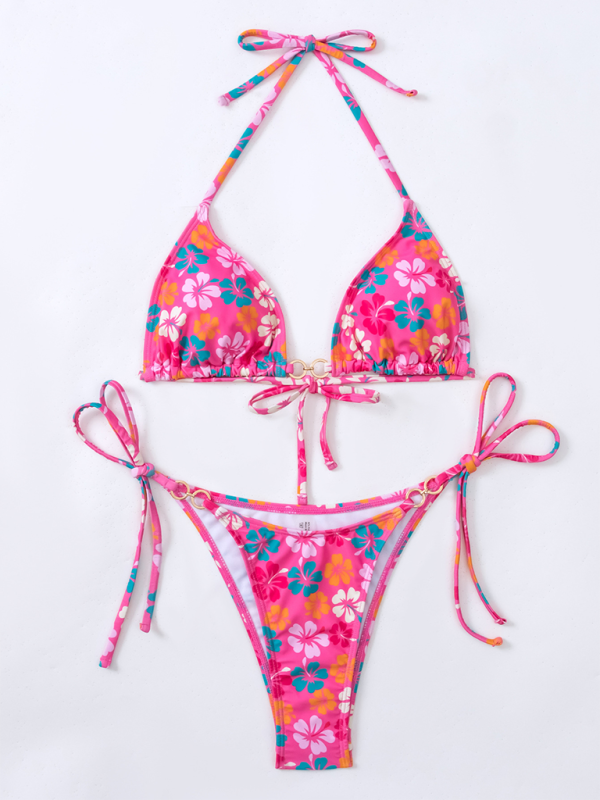 String Tie-Side Bikini Set with Floral Triangle Bra Swimwear