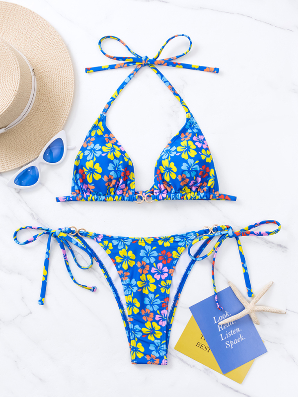 String Tie-Side Bikini Set with Floral Triangle Bra Swimwear