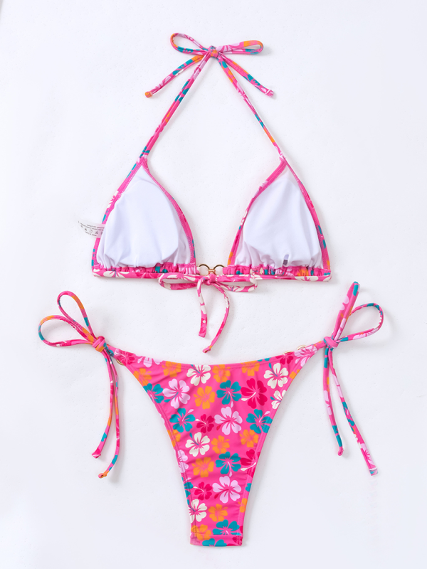 String Tie-Side Bikini Set with Floral Triangle Bra Swimwear