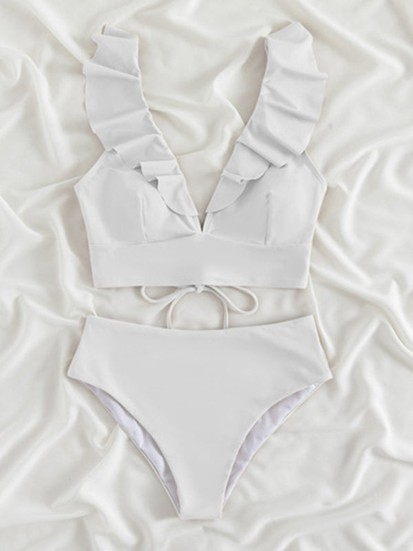 Tropical Wireless Ruffle Top and High Waist Tummy Control Bottoms
