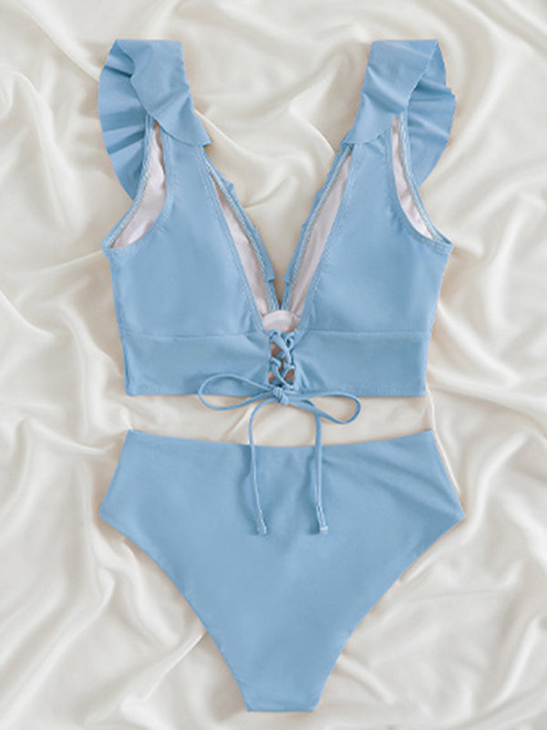 Tropical Wireless Ruffle Top and High Waist Tummy Control Bottoms
