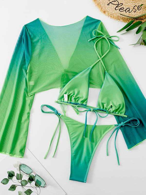 Triangle Bra & Tie-Side Bikini & Topper in Gradient - 3-Piece String Swimwear	