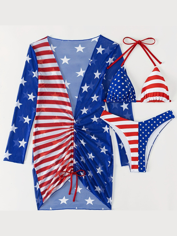 Women's USA Flag Swimwear 3-Piece Collection - Bra & Bikini & Cover-Up	