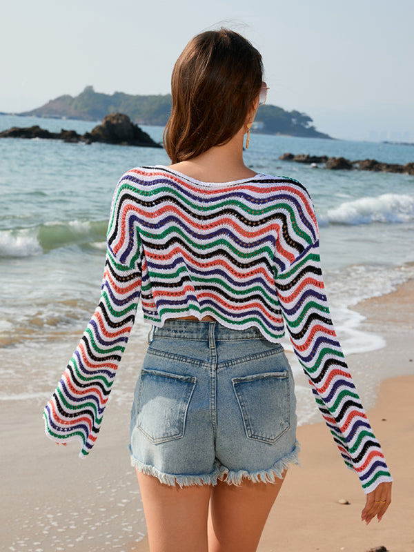 Women's Chevron Stripe Beach Cover-Up Crop Top Knit Tops