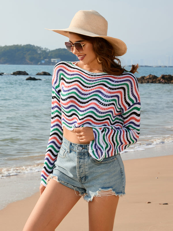 Women's Chevron Stripe Beach Cover-Up Crop Top Knit Tops