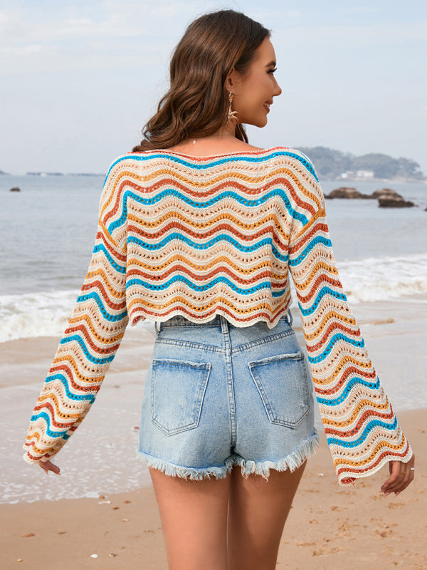 Women's Chevron Stripe Beach Cover-Up Crop Top Knit Tops