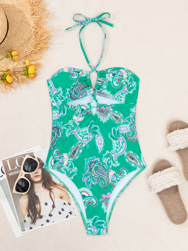 Women's Paisley Print Halter One-Piece with Belly Control