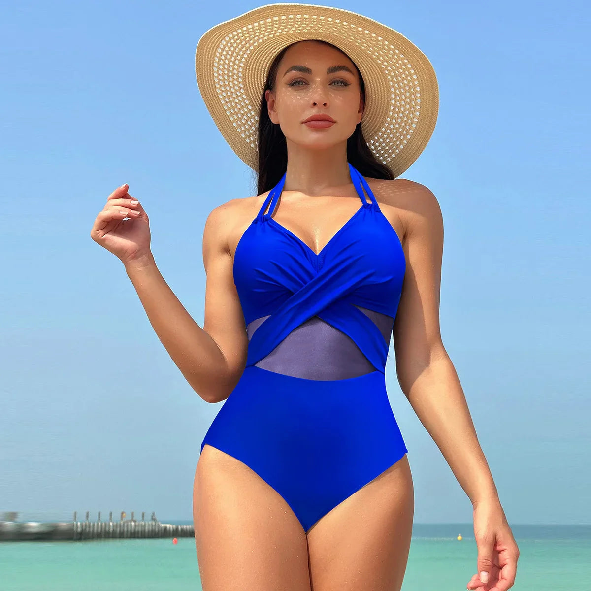 Women's Mesh-Accented Halter Push-Up One-Piece Swimwear Swimwear