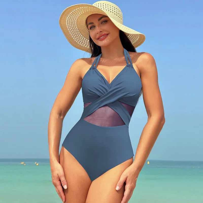 Women's Mesh-Accented Halter Push-Up One-Piece Swimwear Swimwear