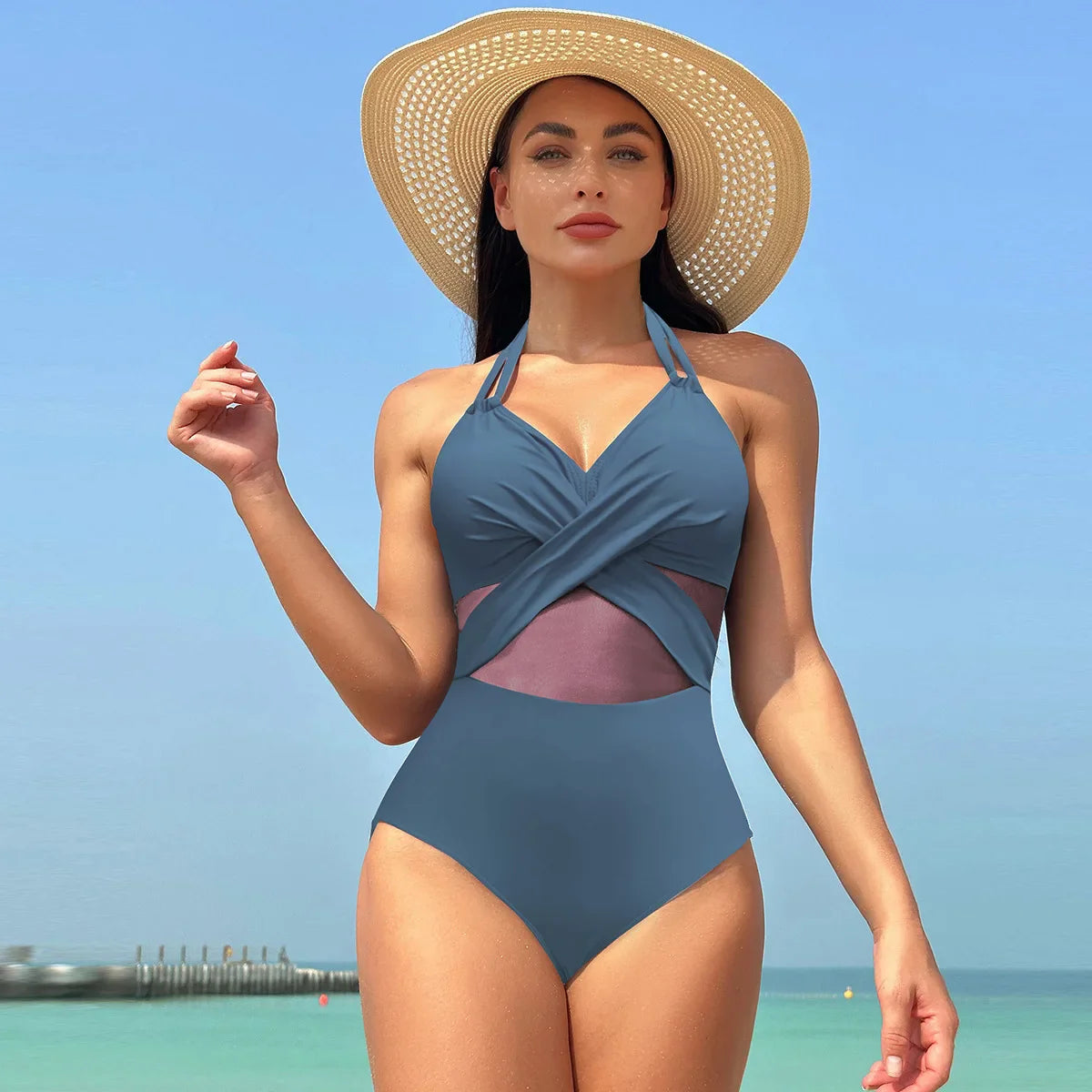 Women's Mesh-Accented Halter Push-Up One-Piece Swimwear Swimwear